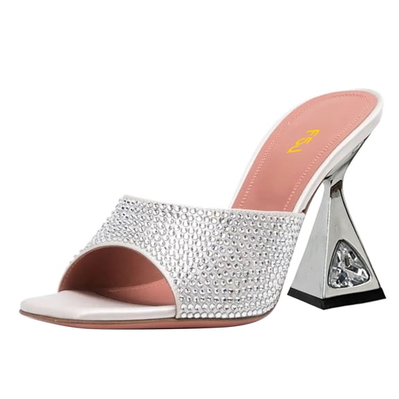 FSJ Women Fashion Square Open Toe Mules Slip On Crystal Flared Heel Sildes Sandals Backless Wedding Dressy Slipper Shoes Size 9 Rhinestones