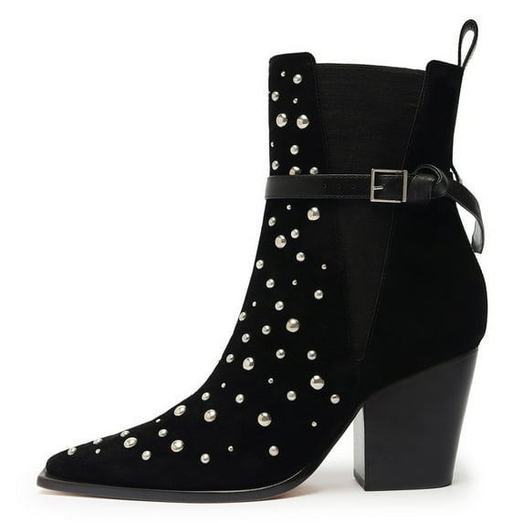 FSJ Women Fashion Studded Bead Closed Toe Pull On Booties Chunky High Heels Buckle Strap Ankle Boots Stretch Party Dress Shoes Size 7.5 Black