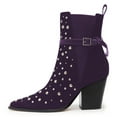 thumbnail image 1 of FSJ Women Fashion Studded Bead Closed Toe Pull On Booties Chunky High Heels Buckle Strap Ankle Boots Stretch Party Dress Shoes Size 8 Purple, 1 of 4