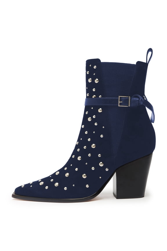 Women Fashion Studded Bead Closed Toe Pull On Booties Chunky High Heels Buckle Strap Ankle Boots Stretch Party Dress Shoes Size 9 Blue