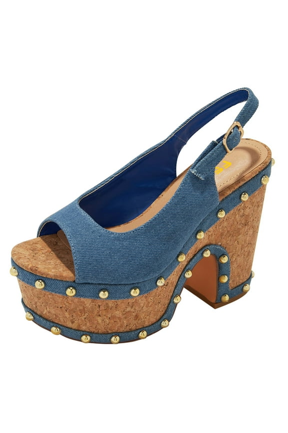 Women Fashion Studded Peep Toe Slingback Pumps Platform Wooden Chunky Wedges High Heels Sandals Adjustable Buckle Party Wedding Dating Casual Shoes Size 16 Blue