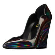 FSJ Women Fashion Wedge Thick High Heel Pumps Slip On Closed Pointed Toe Comfy Casual Party Dress Shoes Size 12 Black