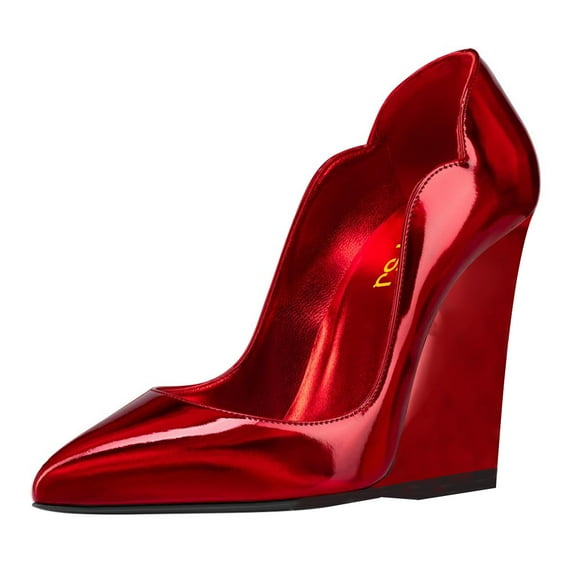 FSJ Women Fashion Wedge Thick High Heel Pumps Slip On Closed Pointed Toe Comfy Casual Party Dress Shoes Size 6 Red