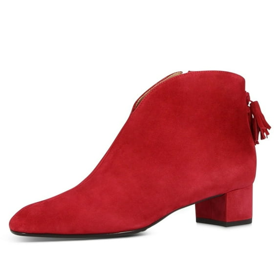 FSJ Women Fashion Western Tassel Block Low Heel Ankle Boots Side Zipper Booties Closed Toe V Cut Casual Vintage Shoes Size 10 Red