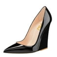 thumbnail image 1 of FSJ Women Formal Wedges High Heel Slip On Pumps Pointed Closed Toe Wedding Party Evening Dress Office Shoes Size 10 Black, 1 of 3