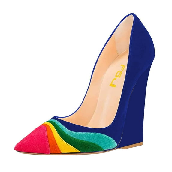 FSJ Women Formal Wedges High Heel Slip On Pumps Pointed Closed Toe Wedding Party Evening Dress Office Shoes Size 12 Rainbow