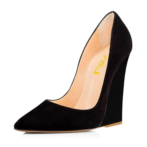 FSJ Women Formal Wedges High Heel Slip On Pumps Pointed Closed Toe Wedding Party Evening Dress Office Shoes Size 16 Black Suede