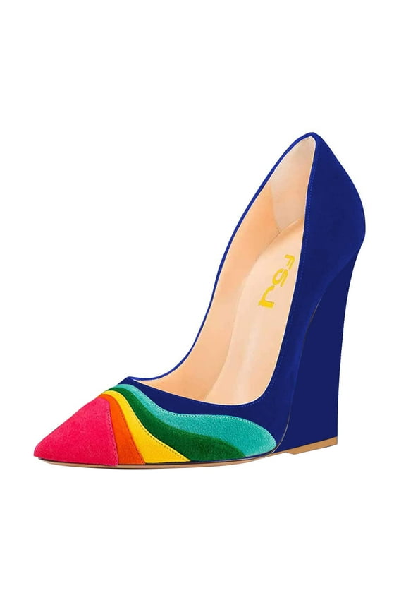 Women Formal Wedges High Heel Slip On Pumps Pointed Closed Toe Wedding Party Evening Dress Office Shoes Size 8 Rainbow