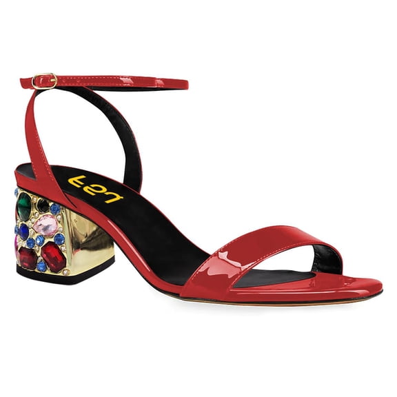 FSJ Women Gem Studded Open Toe Strappy Sandals Glossy Ankle Strap Low Chunky Heels Summer Shoes Size 10 Red