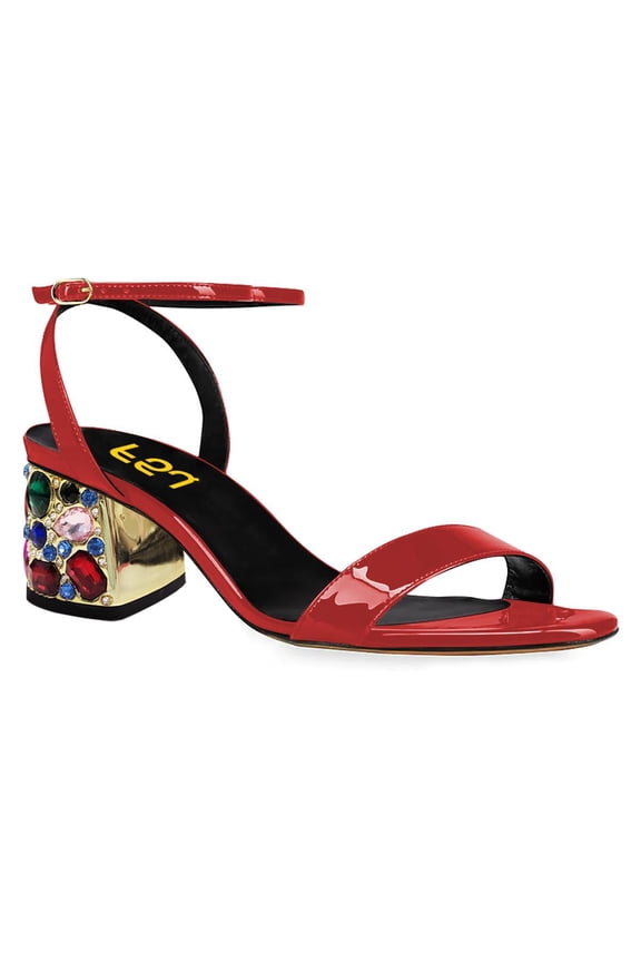 Women Gem Studded Open Toe Strappy Sandals Glossy Ankle Strap Low Chunky Heels Party Dressy Summer Buckle Shoes Size 4 Maroon