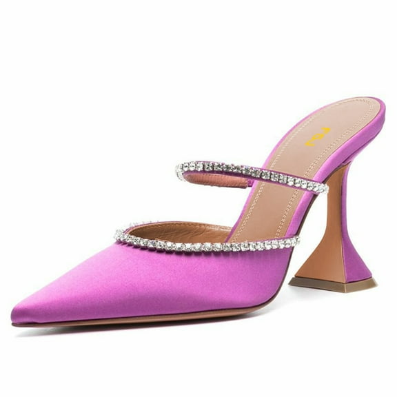 FSJ Women Glamorous Pointed Closed Toe Backless Sandals Stiletto Flared High Heel Pumps Rhinestone Straps Slide Mules Shoes Size 5.5 Purple