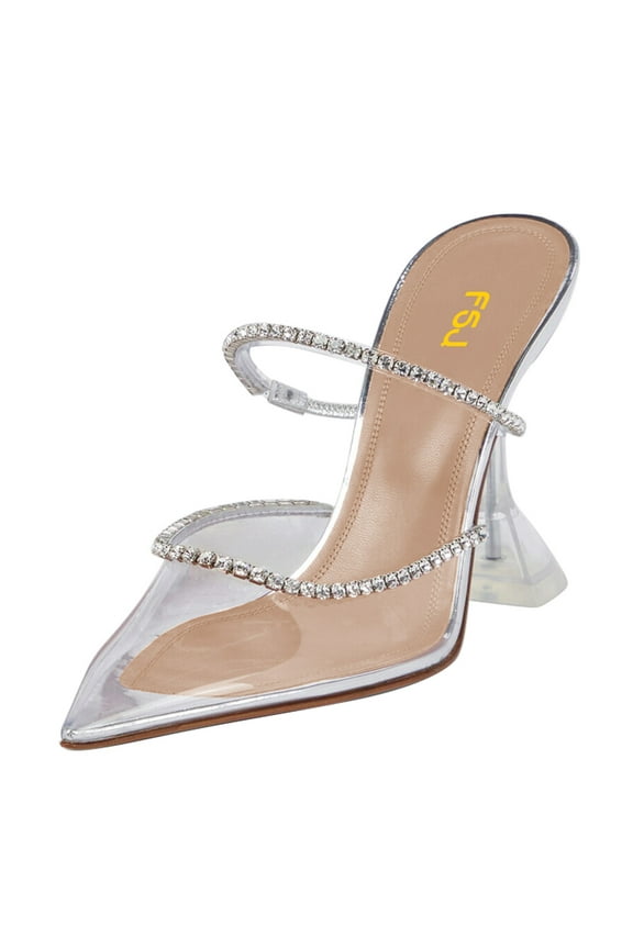 Women Glamorous Pointed Closed Toe Backless Sandals Stiletto Flared High Heel Pumps Rhinestone Straps Slide Mules Shoes Size 5 Clear