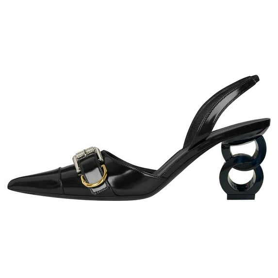 FSJ Women Glossy Pointed Closed Toe Slingback Pumps Chic Buckle Strap Sandals Slip On Chain High Heels Elastic Strap Dressy Shoes Size 13 Black