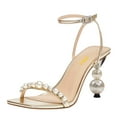 thumbnail image 1 of FSJ Women Gorgeous Pearl High Heels Sandals Square Open Toe Ankle Strap with Rhinestones Buckle Pump Bridal Wedding Dressy Shoes Size 7 Gold, 1 of 5