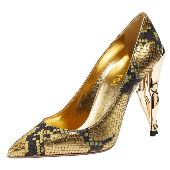 FSJ Women Gorgeous Pointy Close Toe Slip On Pumps Sculpted High Heel Ladies Special Formal Wedding Office Dressy Shoes Size 14 Snakeskin