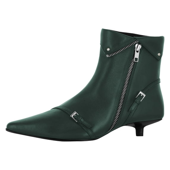 FSJ Women Gorgeous Side Zipper Ankle Boots Pointed Close Toe Buckled Belts Short Bootie Kitten Low Heel Office Walking Dress Shoes Size 6 Green