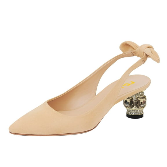 FSJ Women Graceful Back Bowknot Slingback Sandals Pointed Closed Toe Slip On Pumps Crystal Block Low Heels Party Bridal Shoes Size 14 Nude