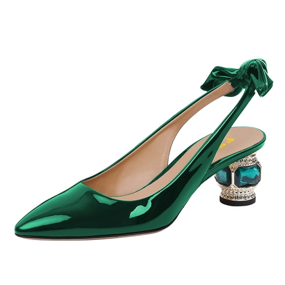 FSJ Women Graceful Back Bowknot Slingback Sandals Pointed Closed Toe Slip On Pumps Crystal Block Low Heels Party Bridal Shoes Size 5.5 Green