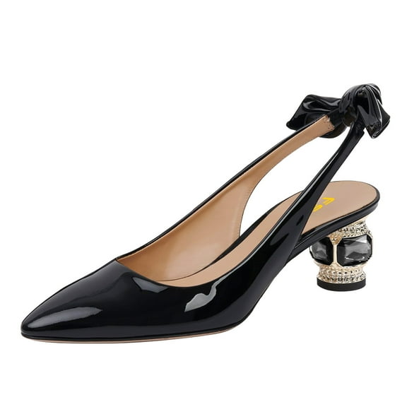 FSJ Women Graceful Back Bowknot Slingback Sandals Pointed Closed Toe Slip On Pumps Crystal Block Low Heels Party Bridal Shoes Size 5 Black