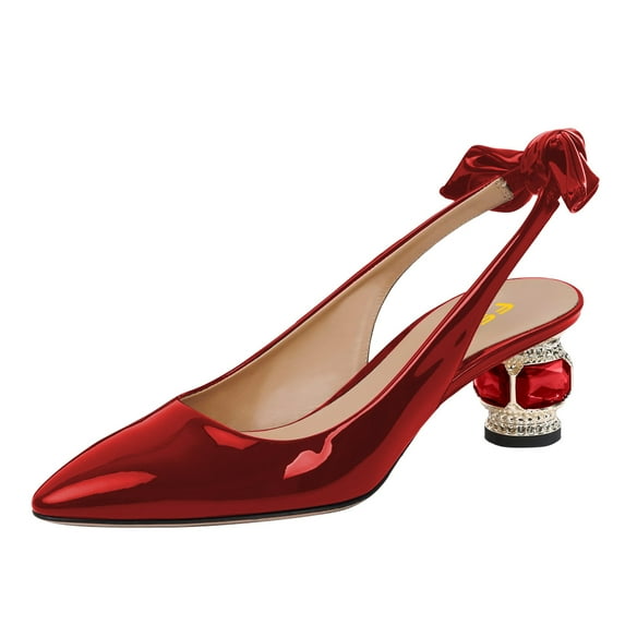 FSJ Women Graceful Back Bowknot Slingback Sandals Pointed Closed Toe Slip On Pumps Crystal Block Low Heels Party Bridal Shoes Size 8 Red