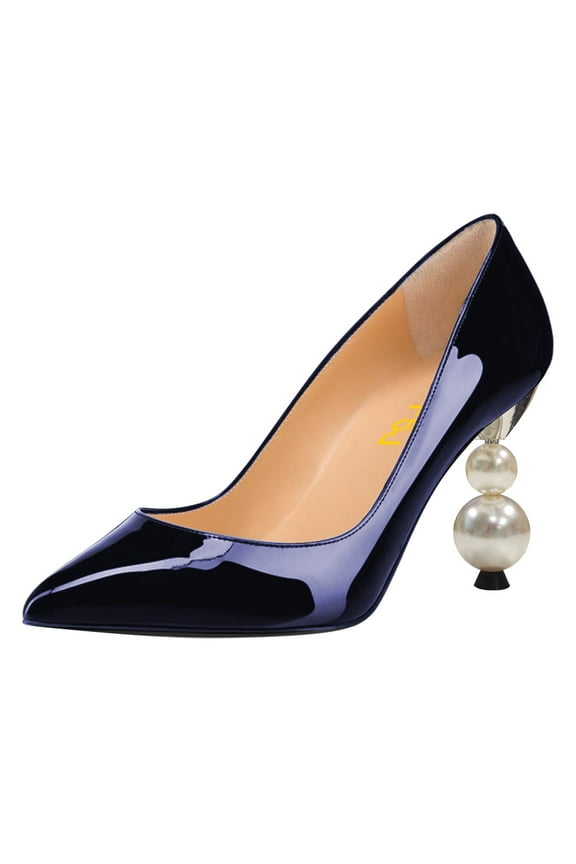 Women Graceful Beaded Pearl High Heel Pointy Close Toe Pumps Slip On Glossy Leather Pumps Ladies Office Party Dressy Shoes Size 5.5 Navy