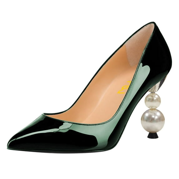 FSJ Women Graceful Beaded Pearl High Heel Pointy Close Toe Pumps Slip On Glossy Leather Pumps Ladies Office Party Dressy Shoes Size 7.5 Green