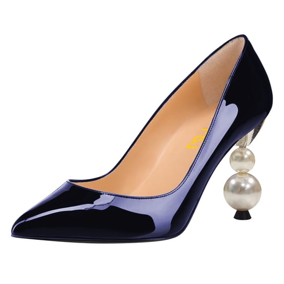 FSJ Women Graceful Beaded Pearl High Heel Pointy Close Toe Pumps Slip On Glossy Leather Pumps Ladies Office Party Dressy Shoes Size 7.5 Navy