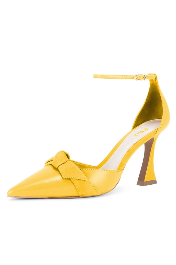 Women Graceful Bowknot Pointed Closed Toe D'Orsay Pumps Ankle Strap Flared High Heels Sandals Party Wedding Cocktail Shoes Size 4 Yellow