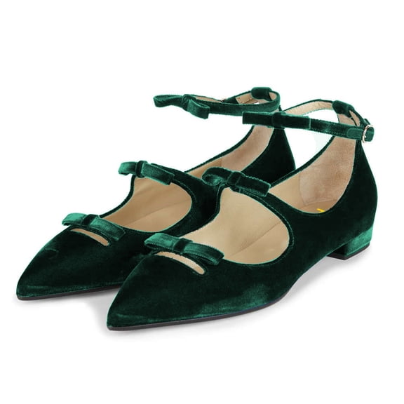 FSJ Women Graceful Bowknot Pointed Toe Flats Buckled Ankle Strap Mary Jane Low Heel Comfortable Casual Walking Shoes Size Size 9.5 Green