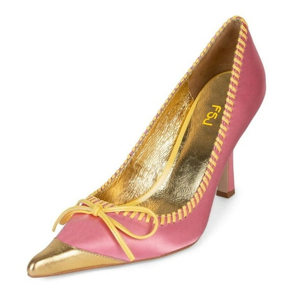 FSJ Women Graceful Bowknot Pumps Cap Toe Slip On Sexy Color Matching Stiletto High Heels Fashion Dressy Shoes Size 16 Pink