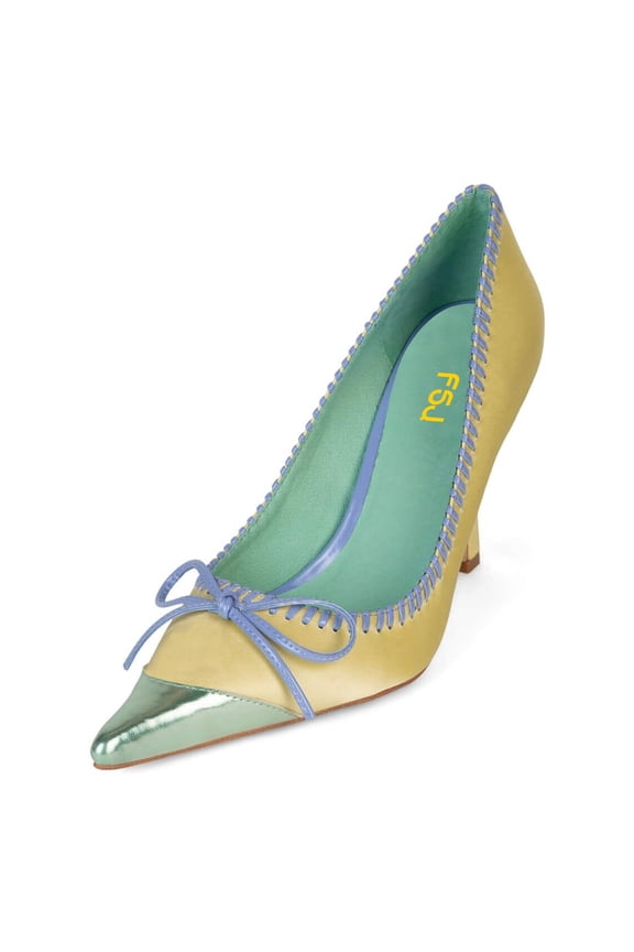Women Graceful Bowknot Pumps Cap Toe Slip On Sexy Color Matching Stiletto High Heels Fashion Dressy Shoes Size 9 Yellow Green