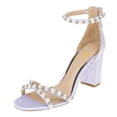 thumbnail image 1 of FSJ Women Graceful Chunky Block Heel Open Toe Pearl Ankle Strap Sandals Back Zipper Wedding Party Prom Dress Shoes Size 8 Purple, 1 of 3