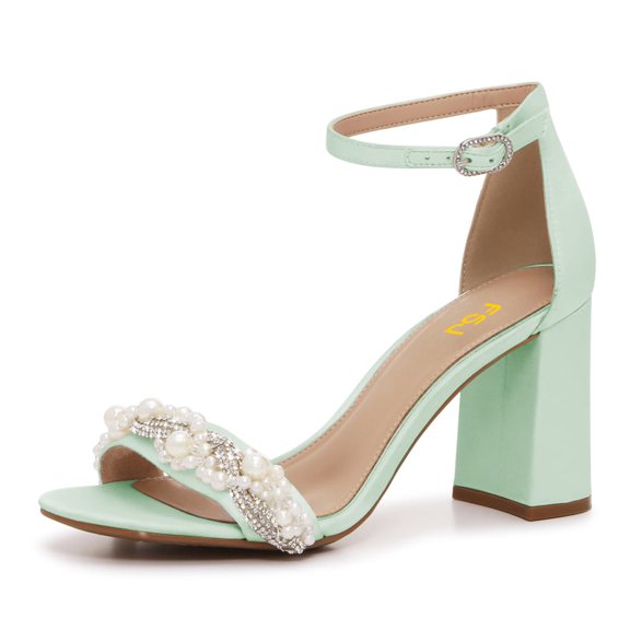 FSJ Women Graceful Chunky Heel Round Open Toe Sandals Single Buckle Strap Pearl Rhinestones Decor Pumps Wedding Party Shoes Size 10.5 Mint Green