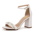 thumbnail image 1 of FSJ Women Graceful Chunky Heel Round Open Toe Sandals Single Buckle Strap Pearl Rhinestones Decor Pumps Wedding Party Shoes Size 10.5 White, 1 of 5