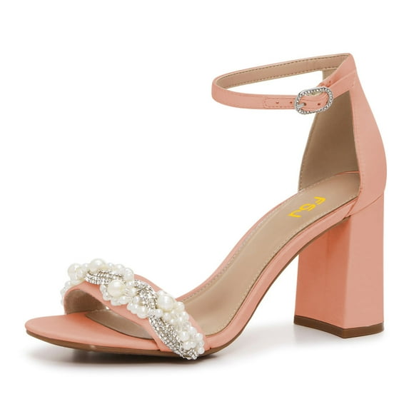 FSJ Women Graceful Chunky Heel Round Open Toe Sandals Single Buckle Strap Pearl Rhinestones Decor Pumps Wedding Party Shoes Size 14 Pink