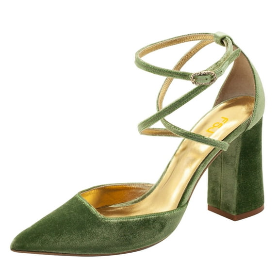 FSJ Women Graceful Chunky High Heels Pointed Closed Toe Pumps Cross Strap D'Orsay Sandals Wedding Dress Bridal Shoes Size 10.5 Green