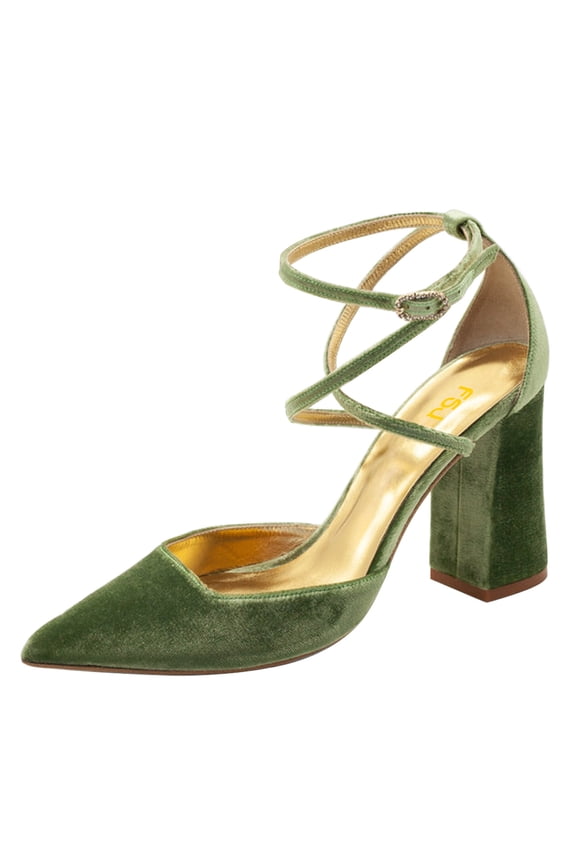 Women Graceful Chunky High Heels Pointed Closed Toe Pumps Cross Strap D'Orsay Sandals Wedding Dress Bridal Shoes Size 11 Green