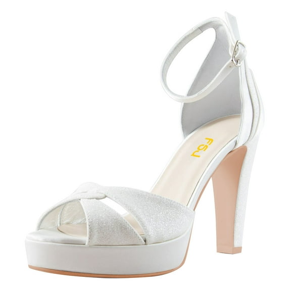 FSJ Women Graceful Chunky Platform High Heel Sandals Open Peep Toe Ankle Buckle Strap Sexy Strappy Wedding Party Shoes Size 13 White
