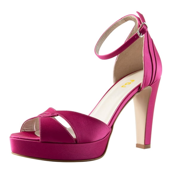 FSJ Women Graceful Chunky Platform High Heel Sandals Open Peep Toe Ankle Buckle Strap Sexy Strappy Wedding Party Shoes Size 5.5 Fuchsia
