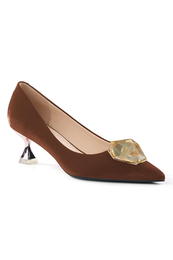 Women Graceful Crystal Decoration Pointed Toe Pumps Kitten Heel Slip On Party Dress Dancing Shoes Size 4 Brown