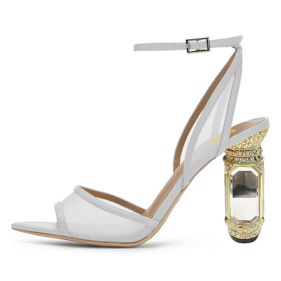 FSJ Women Graceful Crystal Heel Sandals Pointed Open Toe Ankle Strap Mesh Chunky High Heel Summer Cute Wedding Bridal Shoes Size 15 White