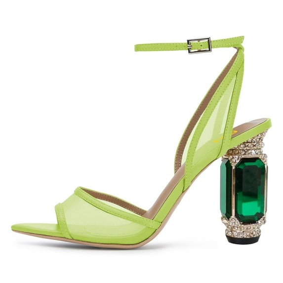 FSJ Women Graceful Crystal Heel Sandals Pointed Open Toe Ankle Strap Mesh Chunky High Heel Summer Cute Wedding Bridal Shoes Size 5.5 Green