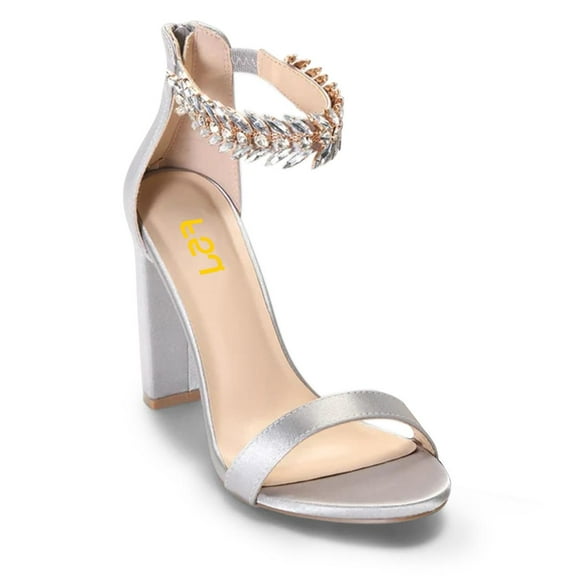 FSJ Women Graceful Embellished Crystal Ankle Strap Sandals Open Toe Zipper Back Chunky High Heels Party Date Dressy Shoes Size 10.5 Silver