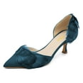 thumbnail image 1 of FSJ Women Graceful Faux Feather Pointy Closed Toe Slip-on D'Orsay Kitten Low Heels Satin Pumps Ladies Party Dress Slide Shoes Size 12 Teal, 1 of 4