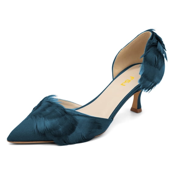 FSJ Women Graceful Faux Feather Pointy Closed Toe Slip-on D'Orsay Kitten Low Heels Satin Pumps Ladies Party Dress Slide Shoes Size 8 Teal