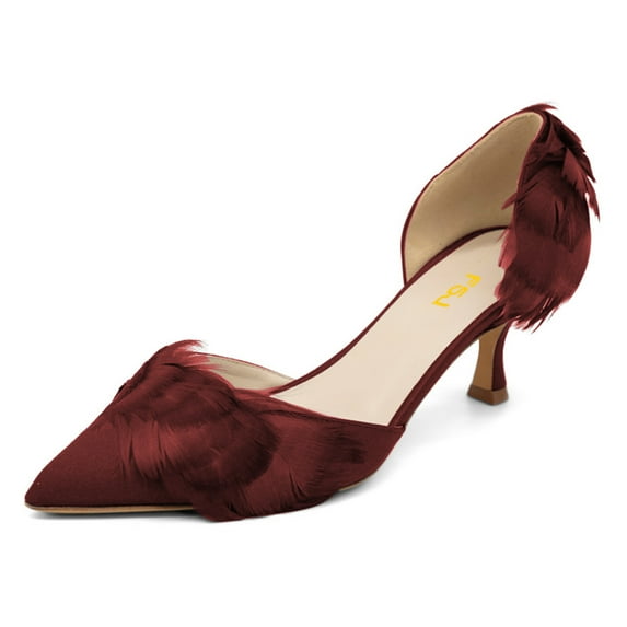 FSJ Women Graceful Faux Feather Pointy Closed Toe Slip-on D'Orsay Kitten Low Heels Satin Pumps Ladies Party Dress Slide Shoes Size 9.5 Red