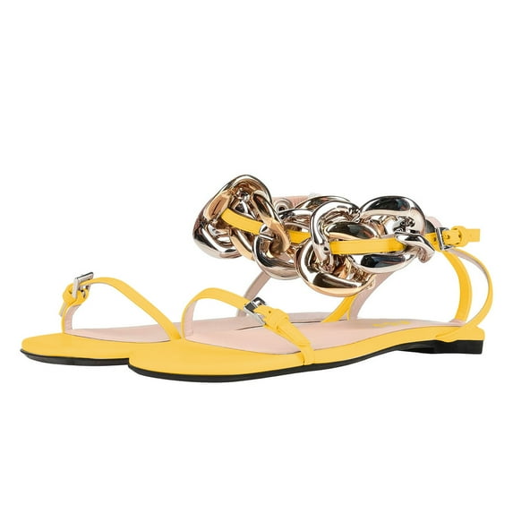 FSJ Women Graceful Flat Sandals Open Toe Thin Strap Gold Chain Ankle Strap Sandals Casual Summer Comfort Daily Work Party Shoes Size 8 Yellow