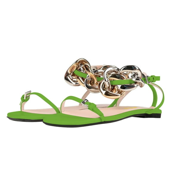 FSJ Women Graceful Flat Sandals Open Toe Thin Strap Gold Chain Ankle Strap Sandals Casual Summer Comfort Daily Work Party Shoes Size 9 Green