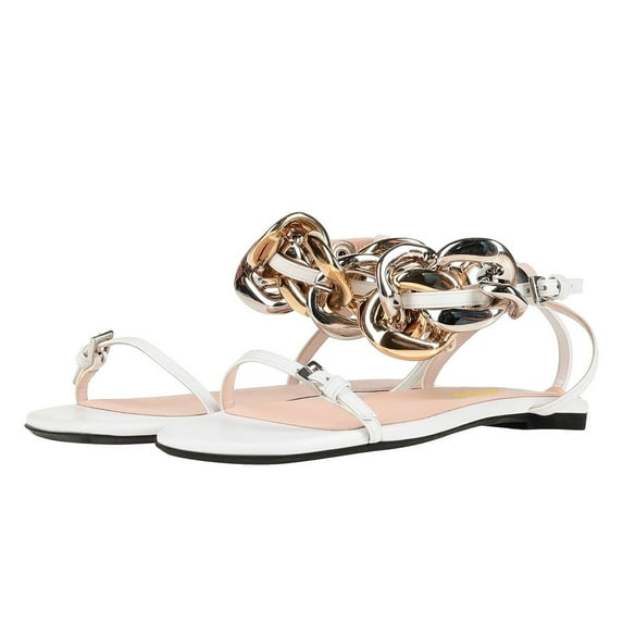 FSJ Women Graceful Flat Sandals Open Toe Thin Strap Gold Chain Ankle Strap Sandals Casual Summer Comfort Daily Work Party Shoes Size 9 White