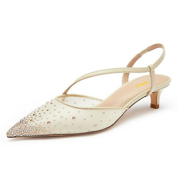 FSJ Women Graceful Kitten Low Heels Studded Rhinestone Mesh Pumps Pointed Closed Toe Elastic Strap Slingback Sandals Wedding Shoes Size 8.5 Beige